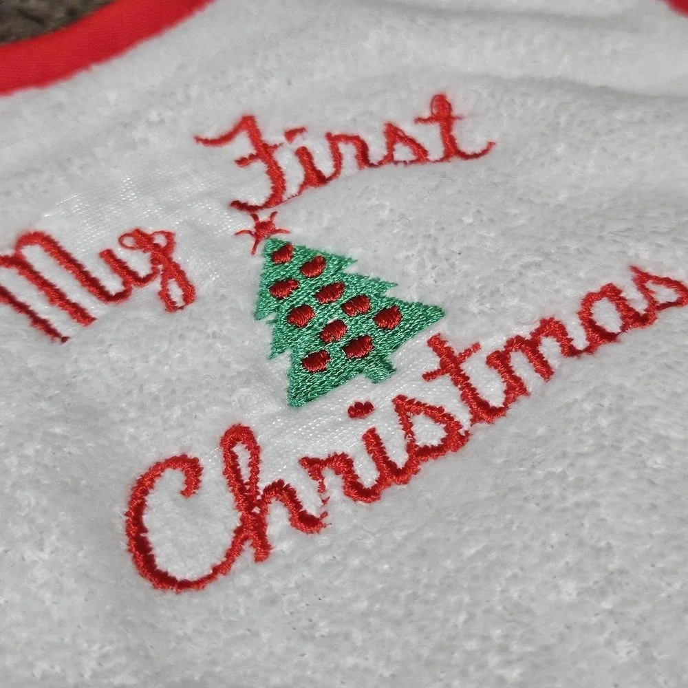 Vintage First Christmas Baby Bib 70s 80s Alexis USA Embroidered 100% Cotton